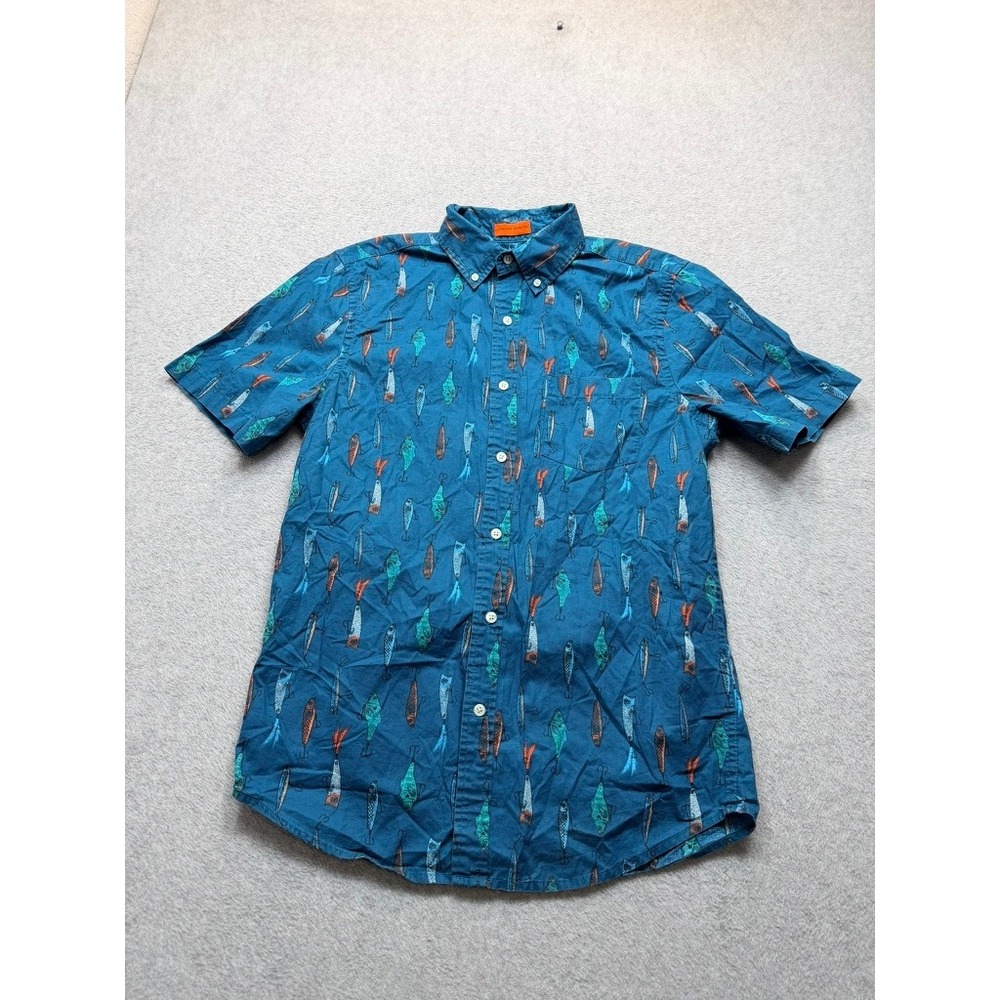 St Johns Bay Mens Small Blue Fishing Lure Print Short Sleeve Button Down Shirt